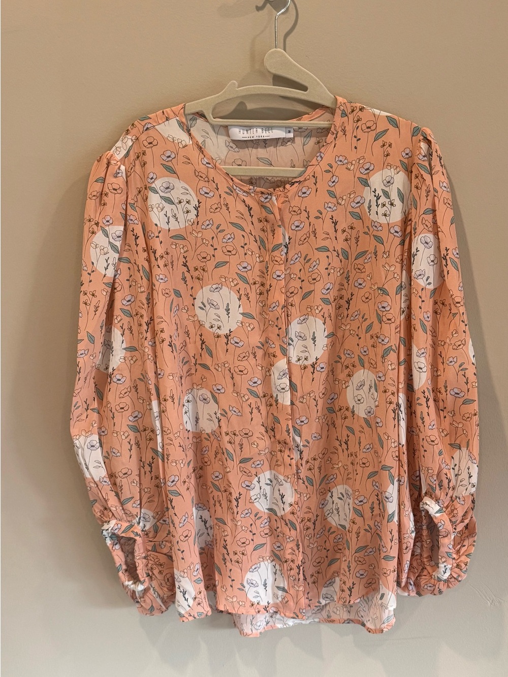 HUNTER BELL Peach Floral Button-Down Blouse | 100% Silk | Medium